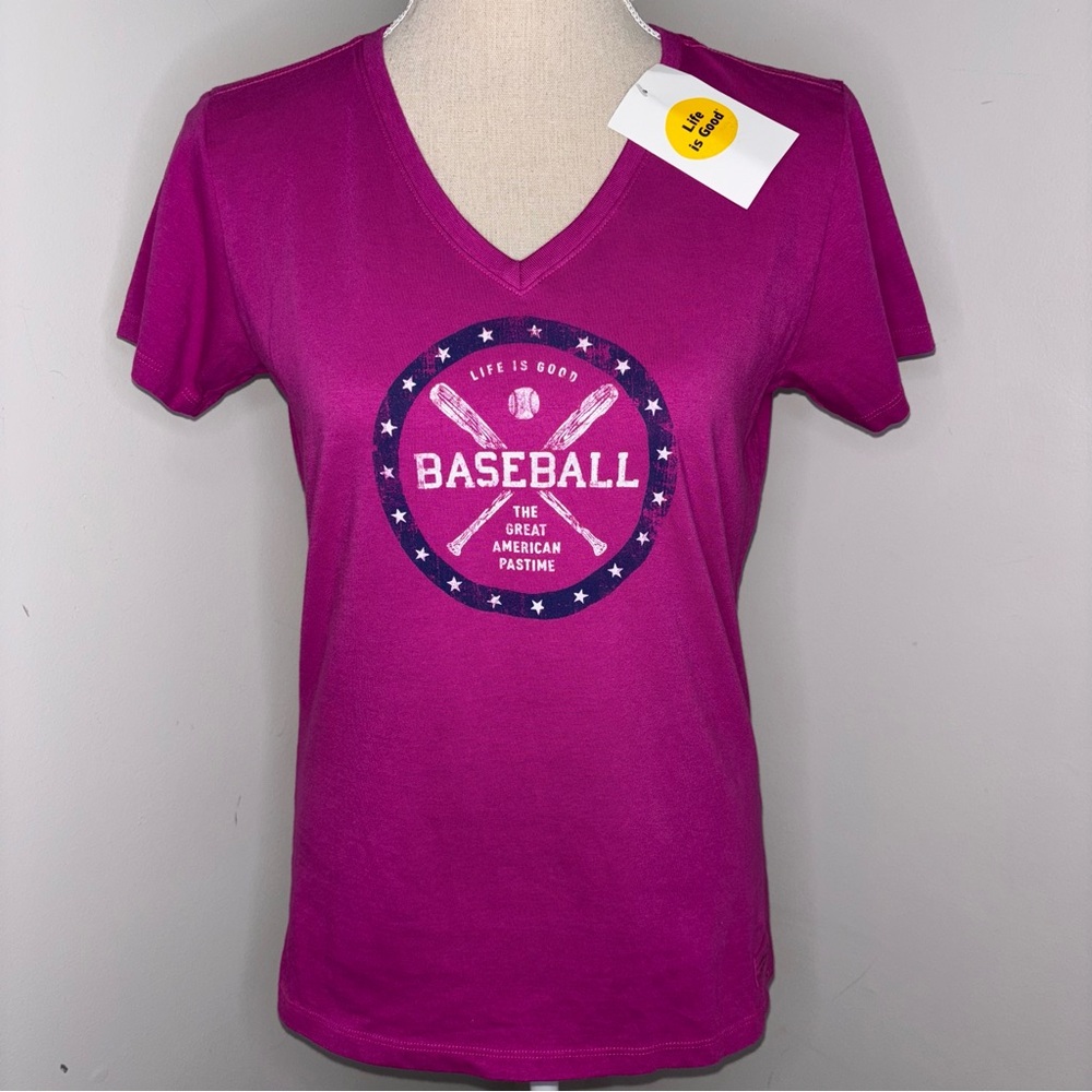 Life Is Good NWT Baseball fan magenta purple V neck Crusher tee shirt size Small